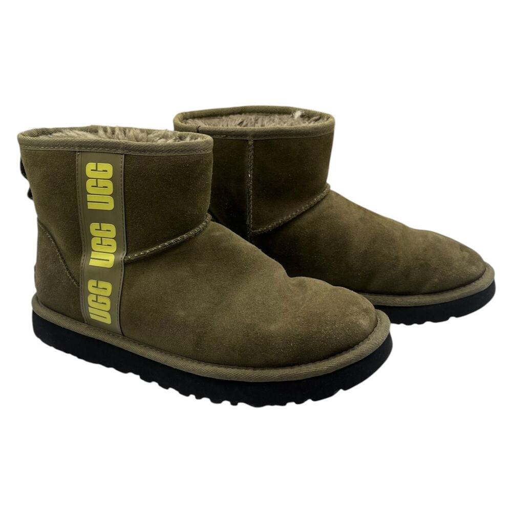 UGG Winter Ankle Boots Classic Mini Side Logo Shearling Suede Olive Green Size 9